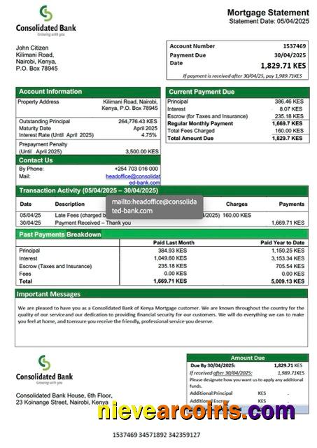 Kenya Consolidated Bank of Kenya mortgage statement Word and PDF template
